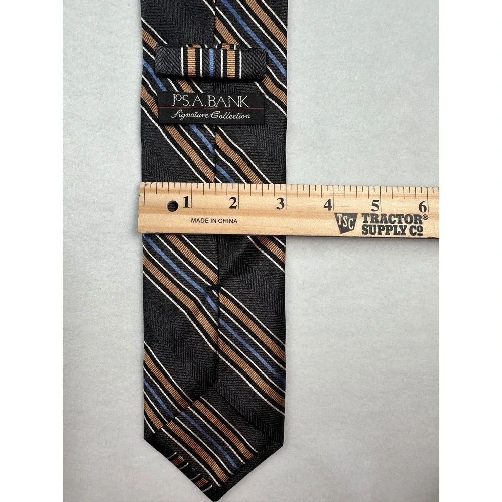 J S A BANK Mens Striped Necktie Black Gold‎ Blue White Business Formal Accent